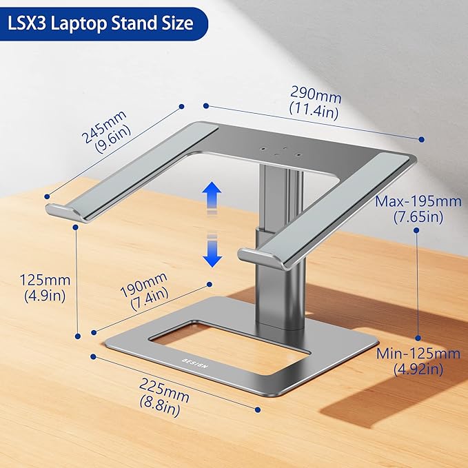 BESIGN - Soporte elevador de aluminio para laptop, ergonómico, ajustable, elevador para computadora, compatible con MacBook Air, Pro, Dell, HP, Lenovo y otras laptops de 10 a 15.6 pulgadas (gris)