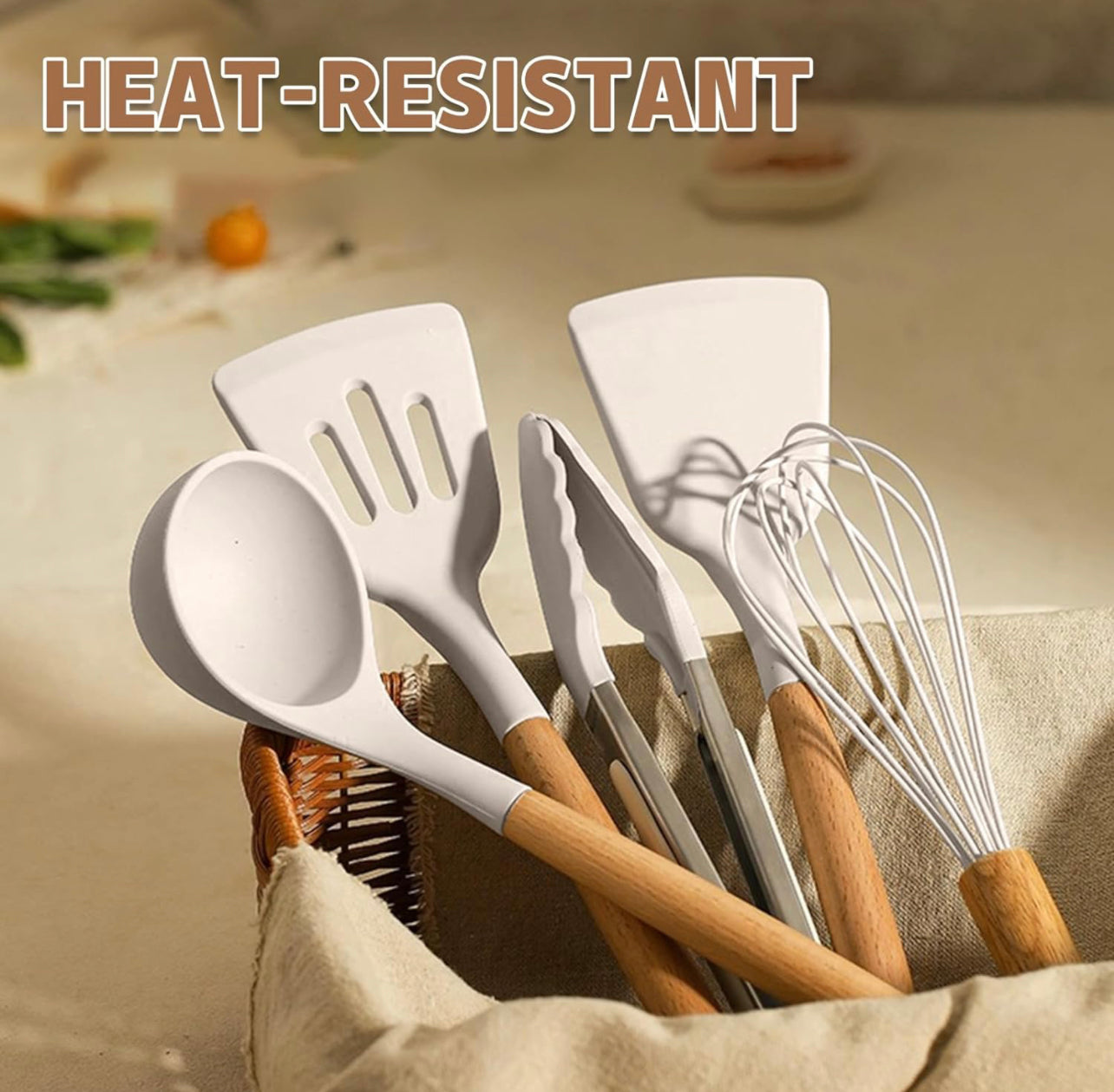 Juego de utensilios de cocina, 24 piezas antiadherentes de silicona utensilios de cocina juego de espátula con soporte, mango de madera de silicona resistente al calor utensilios de cocina Set (Khaki)