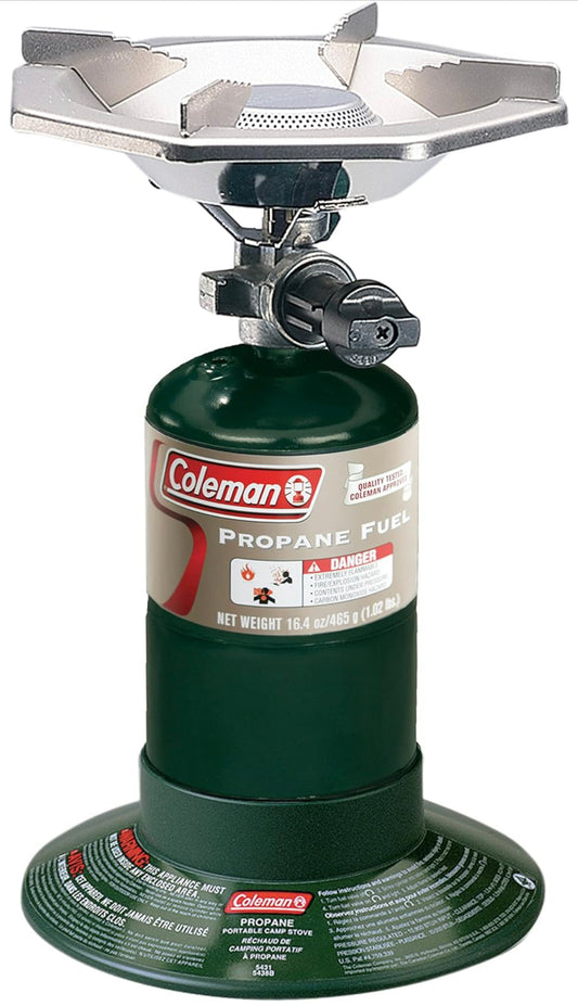 Coleman - Estufa de camping de propano con tapa de botella, estufa portátil ajustable de 1 quemador con deflectores de viento, regulador de presión y 10.000 BTU de potencia; ideal para camping,