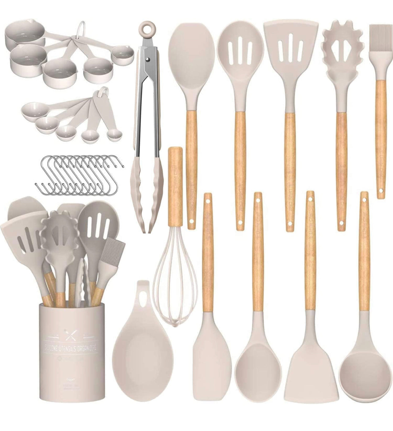 Juego de utensilios de cocina, 24 piezas antiadherentes de silicona utensilios de cocina juego de espátula con soporte, mango de madera de silicona resistente al calor utensilios de cocina Set (Khaki)